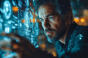 A pensive man studies a futuristic digital interface, showcasing technology and human interaction in harmony.