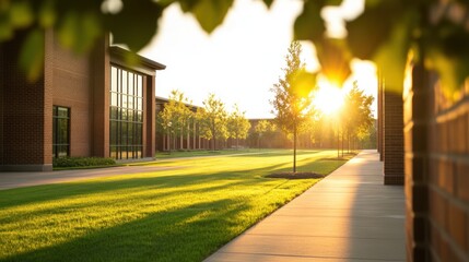 Serene Sunset over Green Grass and Modern Building in a Clear Sky Provides a Tranquil Atmosphere for Relaxation and Reflection in an Urban Environment