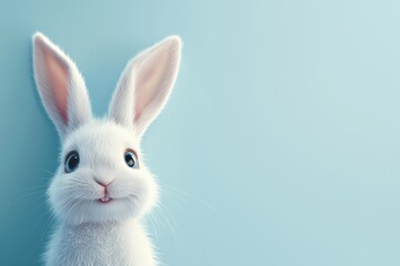Obraz premium Cheerful white rabbit smiling on skyblue background for spring designs