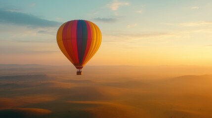Obraz premium Colorful hot air balloon soaring above vast landscape at sunset, creating a serene and picturesque natural scene in warm, golden light