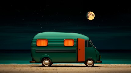 Teal Camper Van on Sandy Beach at Night Under Full Moon