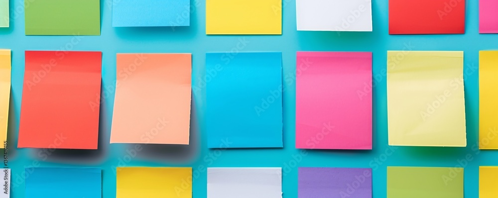 Fototapete colorful blank sticky notes are arranged in grid pattern on blue background for copy space