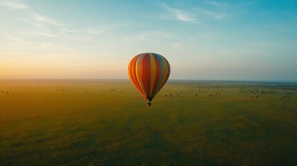 Obraz premium A Colorful Hot Air Balloon Floating Above a Vast Green Landscape Under a Clear Blue Sky During Sunrise or Sunset