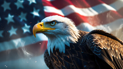 Naklejka premium Majestic Bald Eagle Before American Flag