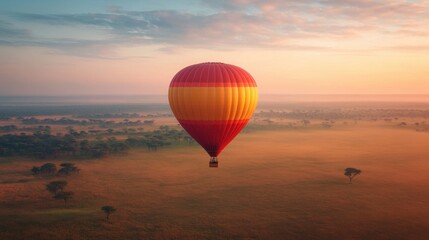 Fototapeta premium Hot air balloon soaring above vast savanna landscape at sunrise with colorful sky and trees in the background, creating a serene travel experience