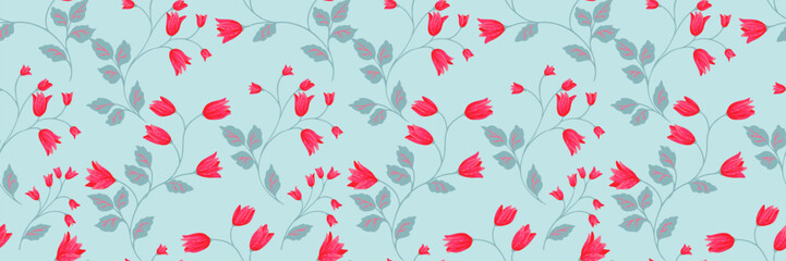 Elegant seamless vector pattern with delicate wildflowers and leaves on a vivid blue background. Colorful tones create a vintage, romantic, and nature inspired design, perfect for textiles, wallpaper