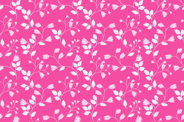 Seamless vector pattern with delicate bells flowers and  leaves on a bright pink background. Elegant and romantic, perfect for textiles, wallpapers, packaging, wedding designs, stationery.