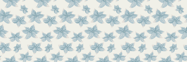 Obraz premium Seamless vector floral pattern with soft blue buttercup flowers on a pastel background. Light, delicate, and feminine design, perfect for fabrics, packaging, wallpapers, stationery, and branding
