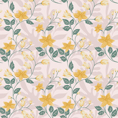Seamless vector floral pattern with yellow blossoms on a light background. Elegant botanical design with delicate flowers and leaves, ideal for textiles, wallpapers, fashion, decor