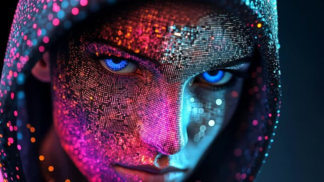 Mysterious woman with digital skin glitch effect in futuristic cyber world environment video footage. Sci-fi style hacker girl in hood motion picture clip.