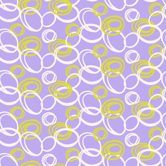 Seamless vector pattern with hand-drawn circles in white and yellow on a soft purple background. Abstract, playful, and modern design, perfect for textiles, wallpapers, packaging, creative branding