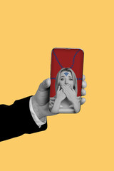 Creative 3D photo collage trend artwork template of hand hold smartphone display young lady...