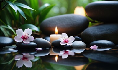Lit spa wellness concept candles and pink flowers rest on smooth stones in a tranquil spa setting with a gentle waterfall in the background.