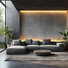 Modern living room with cozy sofa and natural light