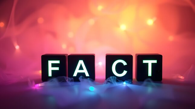 Close-up of black cubes spelling FACT, lit with soft, colorful light. The image is likely intended to represent factual or informational content.
