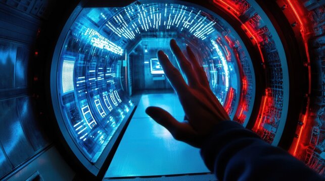 A hand reaches out towards a glowing digital corridor in blue light
