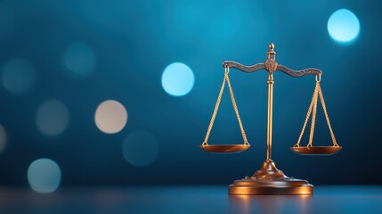 Elegant golden scales of justice on a blurred blue bokeh background symbolizing law, fairness, and legal practice in a modern setting