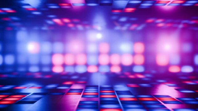 VJ loop. Seamless animation of the dance floor. Flashes of light. Disco style. Retro animation. Bright light. Smooth rotation of the disco ball with glare on the mirrors. Animation, screensaver.