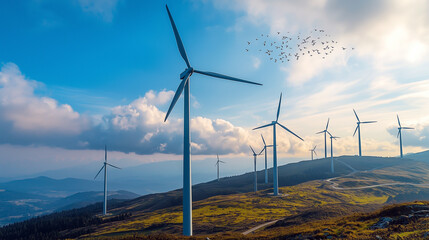 Wind turbines on a grassy hill with birds flying in the clouds
