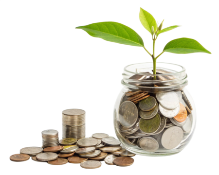 money plant seedling sprouting from savings coins in transparent jar representing wealth growth and financial planning concept
