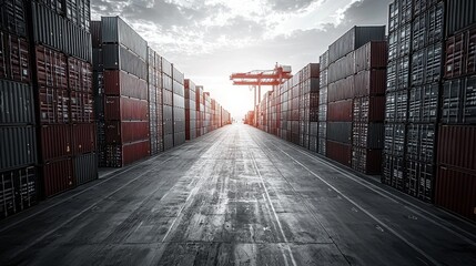 Fototapeta premium Aerial panoramic view of a vast cargo container terminals and logistics infrastructure in a major international shipping hub and industrial distribution center