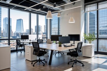 Fototapeta premium Bright Modern Office Space Downtown with Sophisticated Workstations and Clean Lines