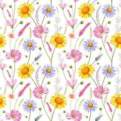 Obraz premium Floral seamless pattern with meadow flowers, watercolor