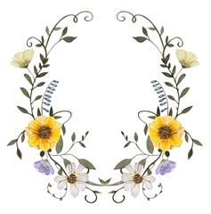 Floral frame with dark green leaves and dried pressed flowers. Watercolor