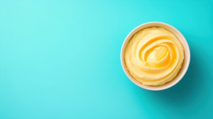 Creamy and Smooth Yellow Butter in a White Bowl on a Bright Turquoise Background for Culinary and Food Photography Needs