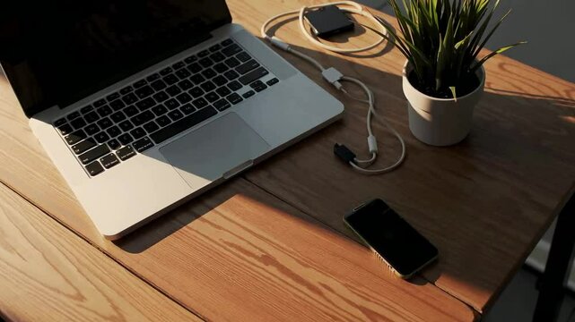 Sunlit workspace with laptop, smartphone, and coffee cup on wooden desk