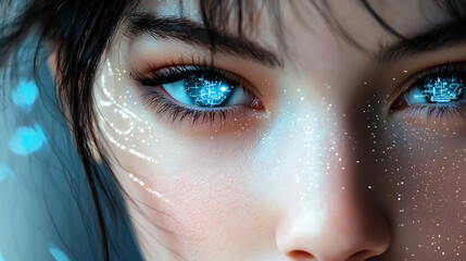 Fototapeta premium Futuristic female figure with radiant cyber eye in a sci-fi setting digital art futuristic environment close-up perspective cybernetic concept