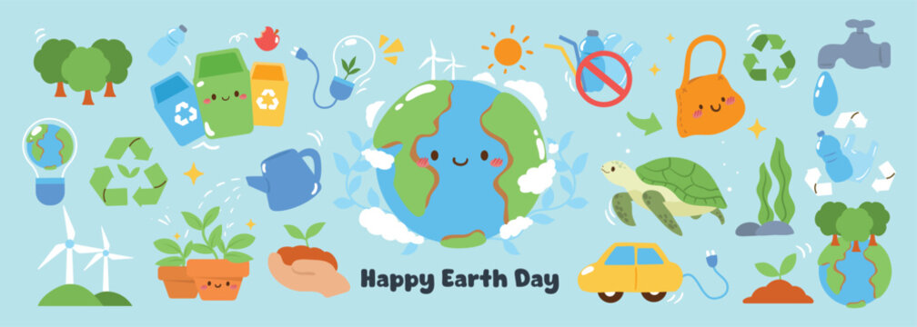 Happy Earth day concept, 22 April element vector set. Save the earth, globe, recycle symbol, turtle, bottle, watering can. Eco friendly minimal design for web, banner, campaign, social media post.