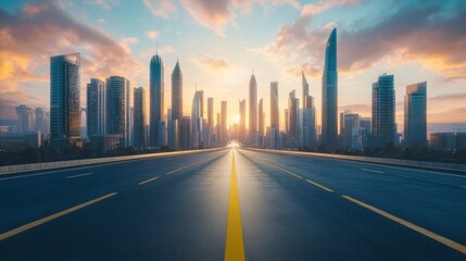 Obraz premium Asphalt Road Leading to Modern City Skyline at Sunrise