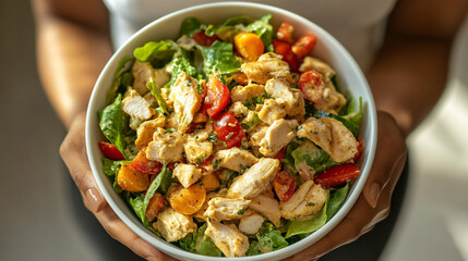 Person holding a bowl of chicken salad with lettuce and tomatoes in a white ceramic bowl close up