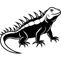 A vector silhouette of an iguana standing with spiked back visible, centered on a white background 