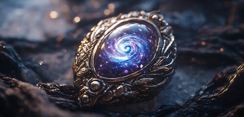 A mystical amulet embedded with a gemstone that seems to contain a swirling miniature storm