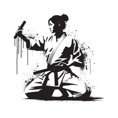Grunge style illustration of female aikido athlete wielding katana in seiza posture