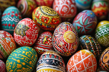 A collection of colorful Easter eggs, each decorated with intricate patterns and designs from Eastern European culture. Happy Easter concept