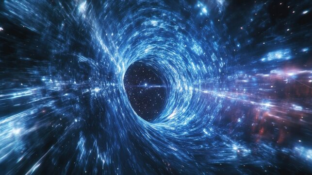 A vibrant swirling tunnel through space toward a starry black hole