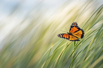 A butterfly resting on a blade of dune grass, momentarily pausing in the coastal breeze.