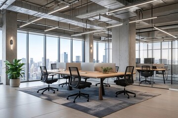 Contemporary Metropolitan Office Space with Airy Workstation Layout and Minimalist Decor