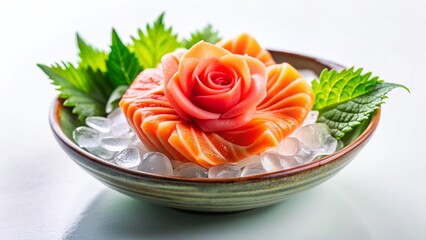 Delicious Salmon Sashimi Arranged as Flower on Ice Bowl, Isolated White Background