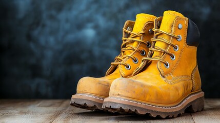 Well Worn Yellow Work Boots on Rustic Wood