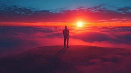 Fototapeta premium A lone silhouetted figure standing on a hilltop or mountain ridge gazing out at a breathtaking panoramic landscape bathed in the vibrant hues of a dramatic sunset The scene is shrouded in misty