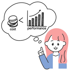 若い会社員女性がコスパ・コストパフォーマンスについて説明しているイラスト