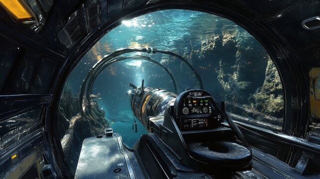 Submersible interior shows underwater environment and equipment details