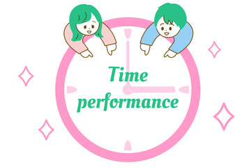 タイパ・タイムパフォーマンスのイメージイラスト　大きな時計と男女のイラスト　面白いイラスト