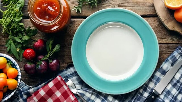 Rustic table with empty plate: food preparation scene