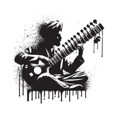 Monochrome stencil artwork depicting musician playing an ornate Sitar instrument