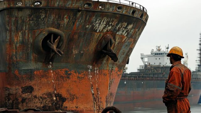 Worker inspects rusted cargo ship at shipyard during overcast day